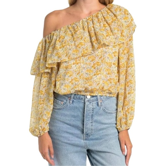 Astr Tops - Astr The Label Ruffle One Shoulder Top In Yellow Floral Size M